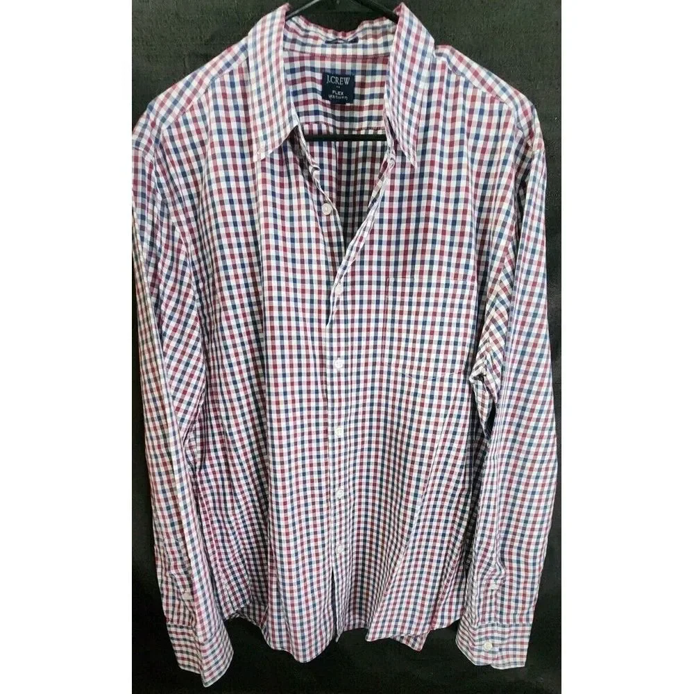 J Crew Size XL Slim Fit Long Sleeve Button Down Checked Red Blue Shirt Flex Wash